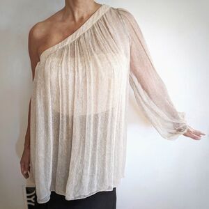 ELIZABETH & JAMES Chiffon Cream & Lavender Sheer One Sleeve Evening Blouse, OSFM